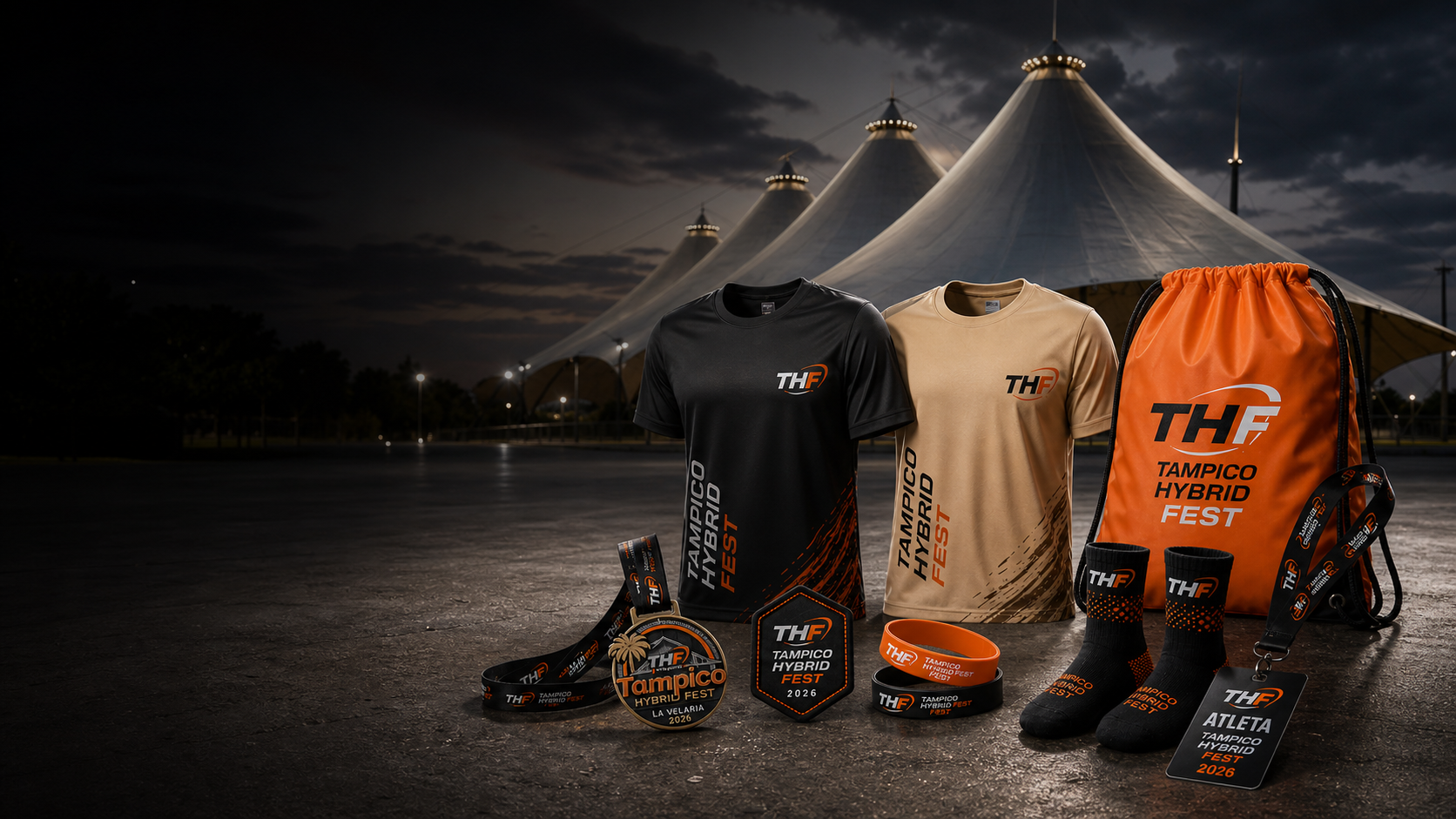 Kit del atleta con playeras, mochila, medalla, parche, pulseras, calcetas y gafete frente a La Velaria