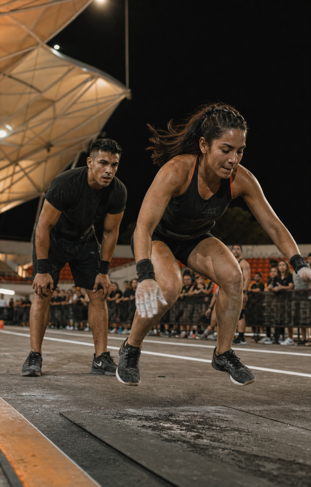 Atleta completando un burpee mientras su compañero espera el relevo